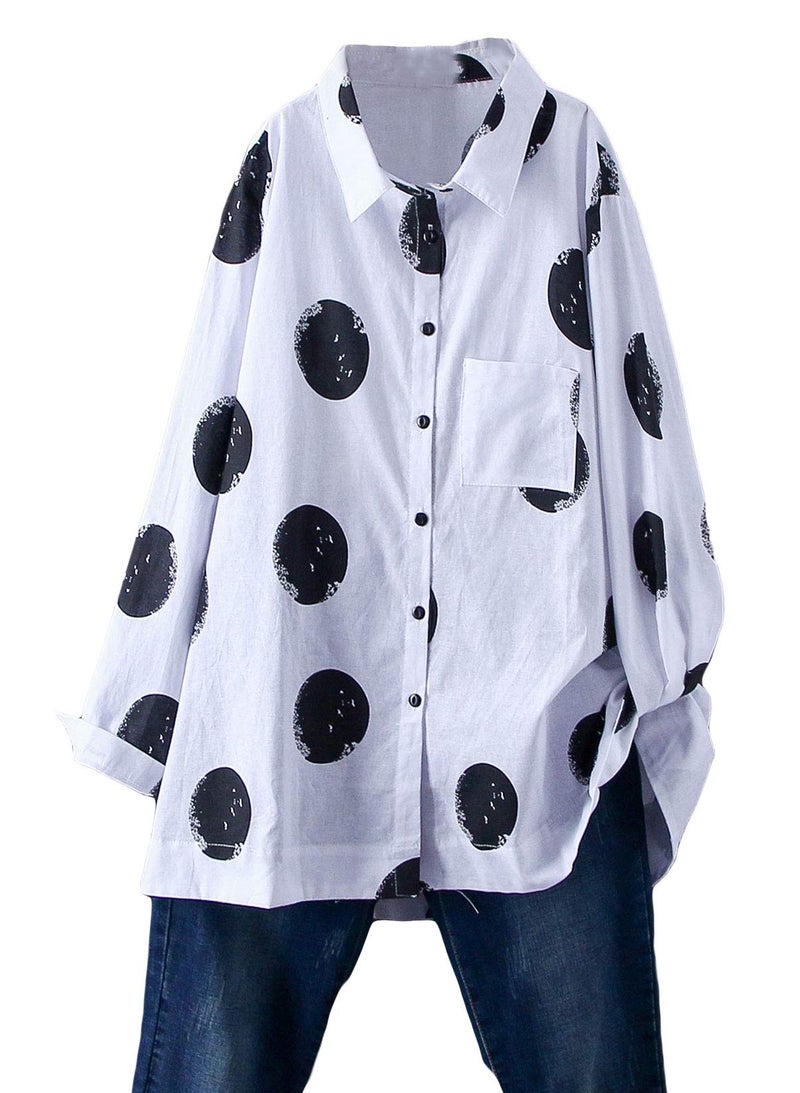 Minibee Women's Button Down Tunic Tops Polka Blouse Cotton Shirts White M - Image 1